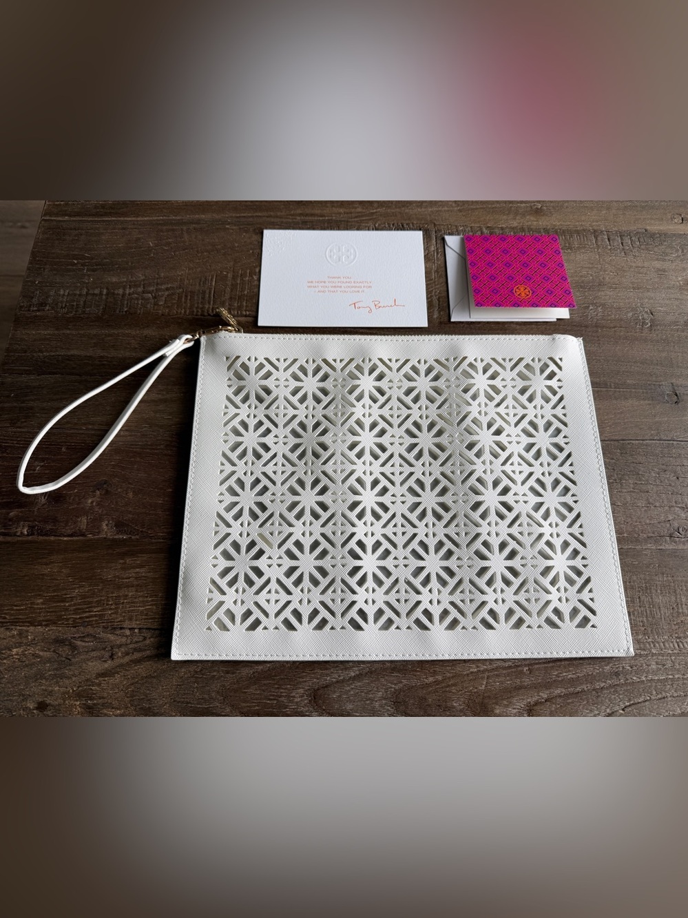 Tory Burch Cream Laser-Cut Faux Leather Clutch with Wrist Strap w Card